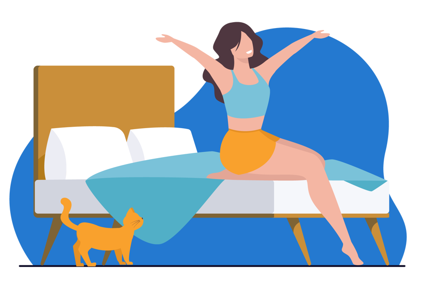 Woman wakes up happy with cat
